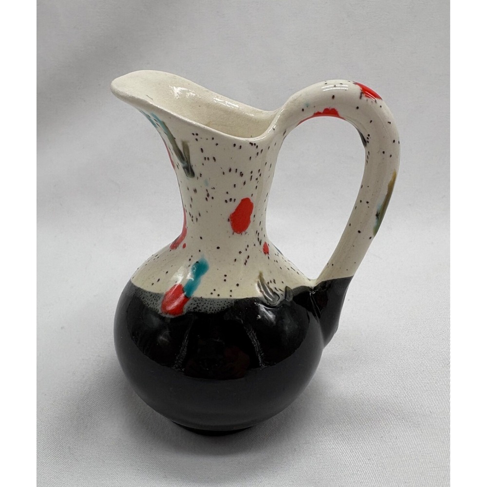 Vintage Studio Pottery 4" Black White Pitcher Orange Green Aqua Splatter Glaze